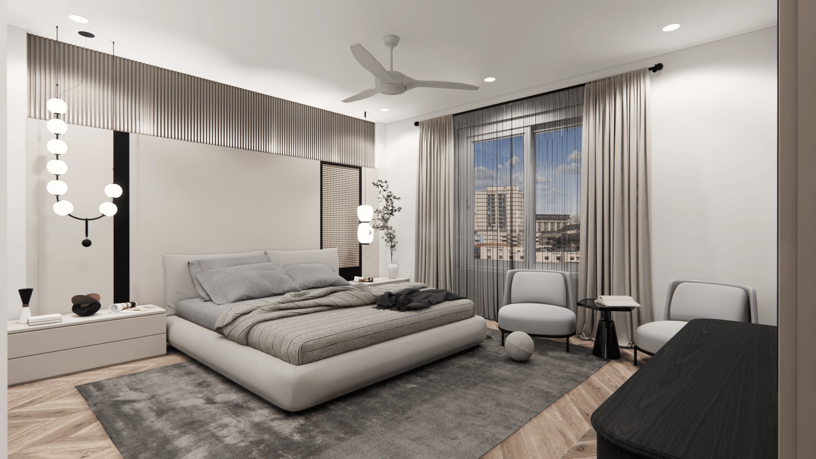 Modern bedroom interior architecture featuring a neutral upholstered bed, fluted accent wall, designer pendant lights, lounge chairs and large layered curtains by Amartya Architects, Delhi NCR.