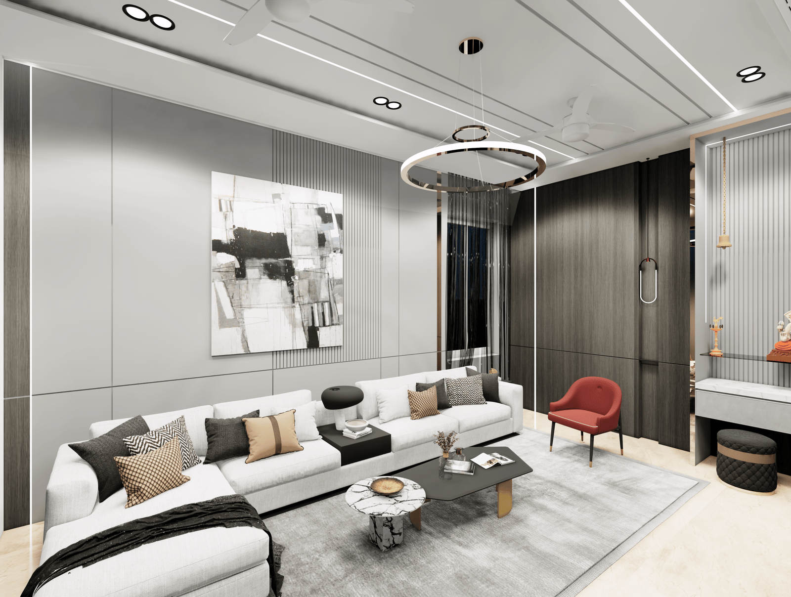 esidential interior designers by Amartya Architects in Rohini, Delhi showcasing a modern multipurpose room with twin beds, study desk, wooden panel wall design, soft ambient lighting, and minimalist decor creating a comfortable and stylish home interior.
