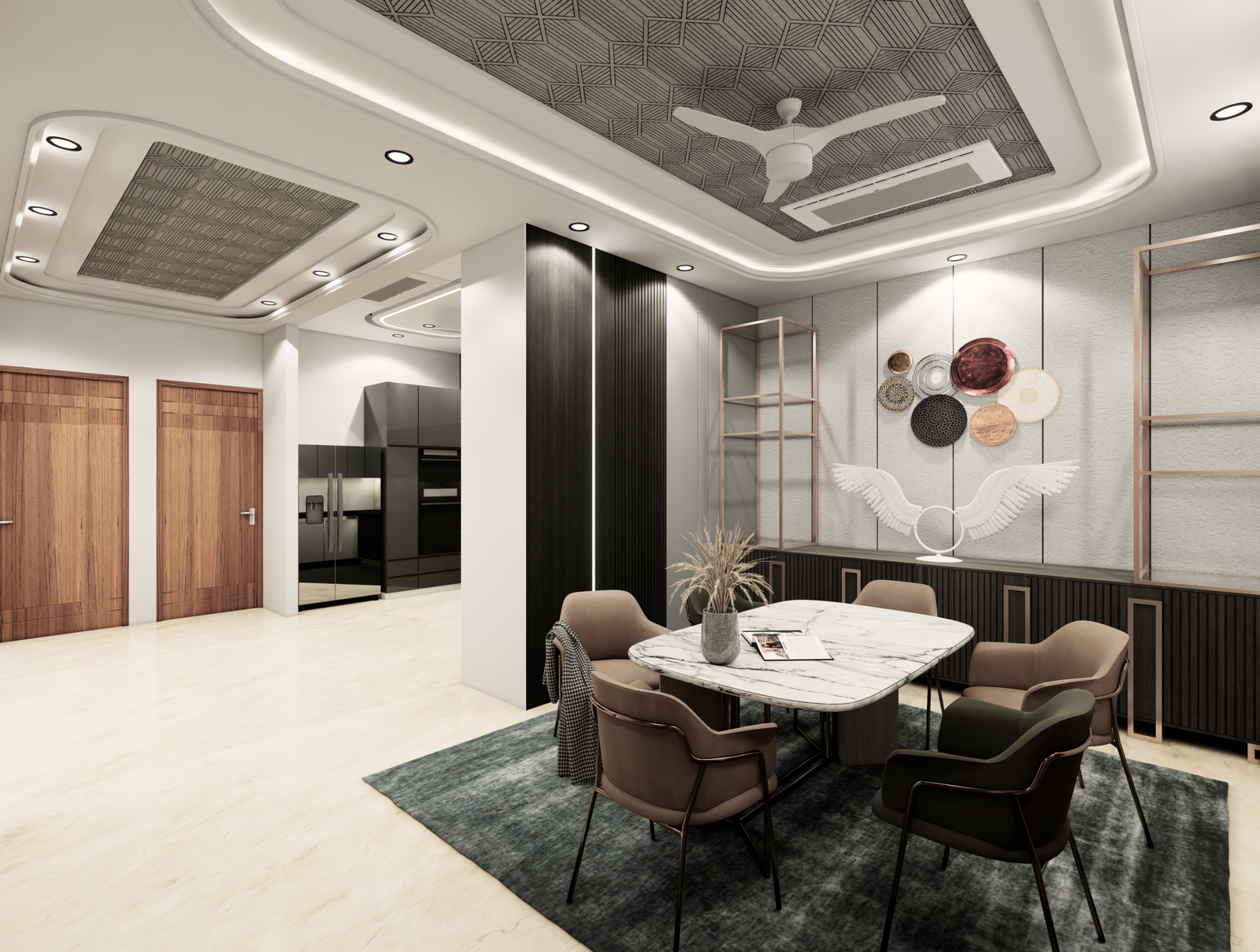 Modern home interiors by Amartya Architects in Rohini, Delhi featuring a multipurpose room with twin beds, study desk, wooden panel wall design, soft ambient lighting, and minimalist decor creating a functional and stylish living space.