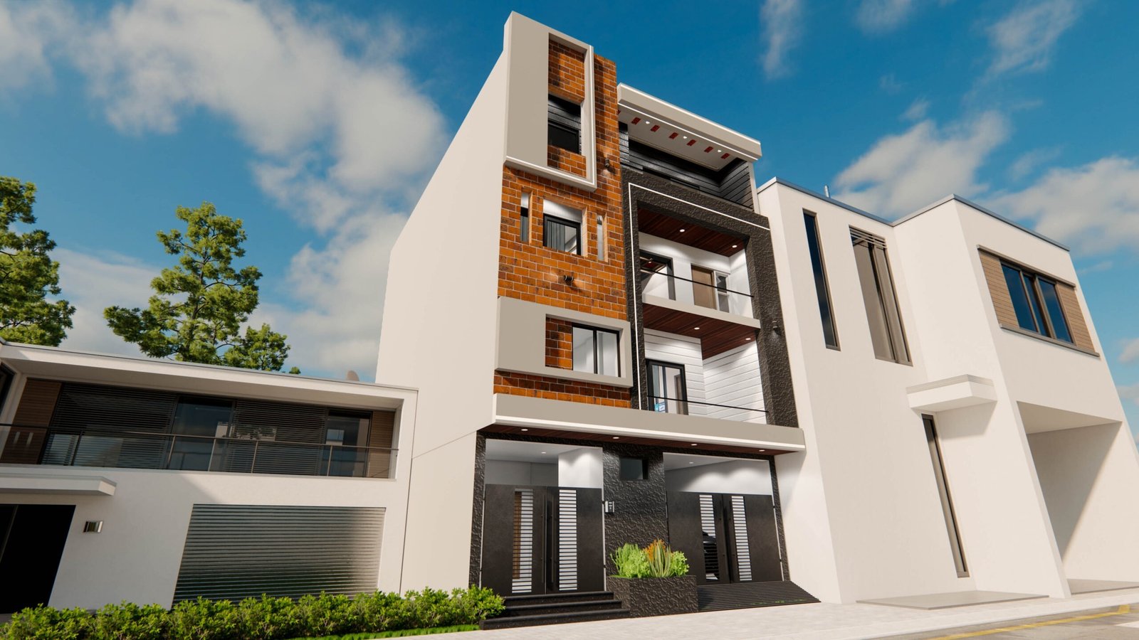 Modern architectural design of a multi-storey house featuring exposed brick cladding, textured grey frames, spacious balconies and contemporary lighting by Amartya Architects, Delhi NCR.Modern architectural design of a multi-storey house featuring exposed brick cladding, textured grey frames, spacious balconies and contemporary lighting by Amartya Architects, Delhi NCR.