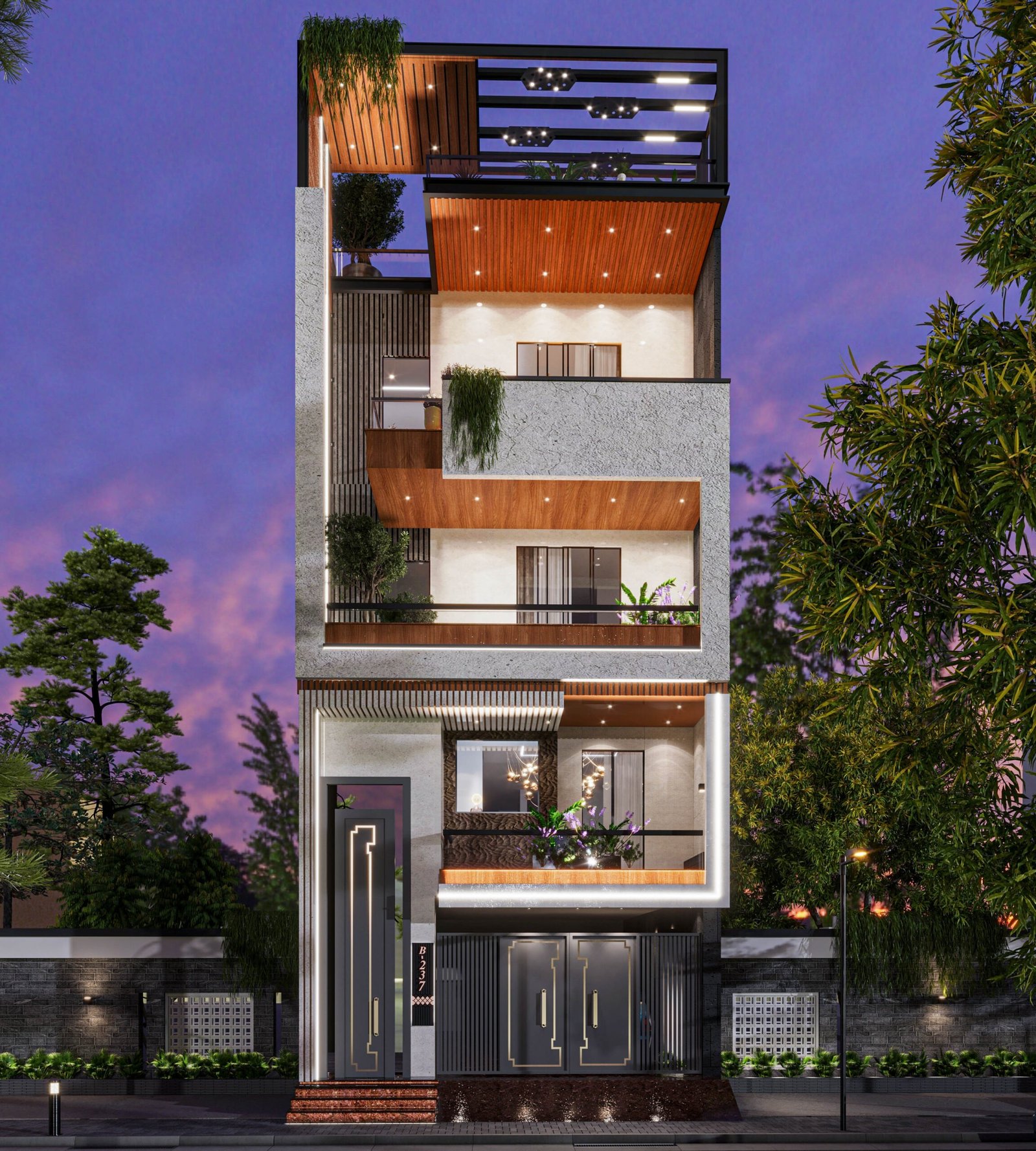 Modern house architecture design featuring a narrow multi-storey facade, textured finishes, wooden soffits, landscaped balconies, rooftop pergola and contemporary exterior lighting by Amartya Architects, Delhi NCR.