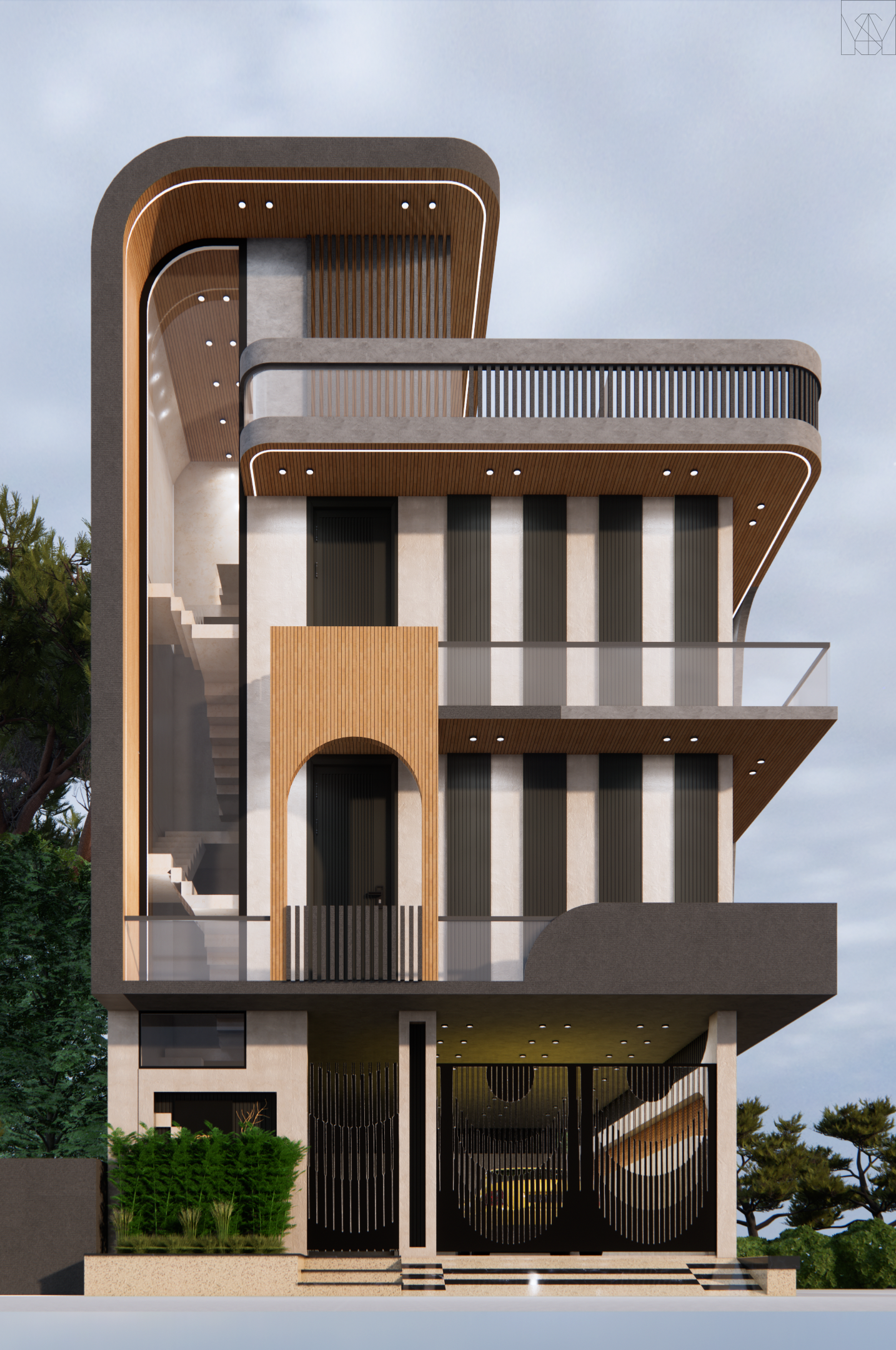 Modern house architecture design featuring a curved facade, warm wood soffits, vertical fins, glass balconies and contemporary exterior lighting by Amartya Architects, Delhi NCR.