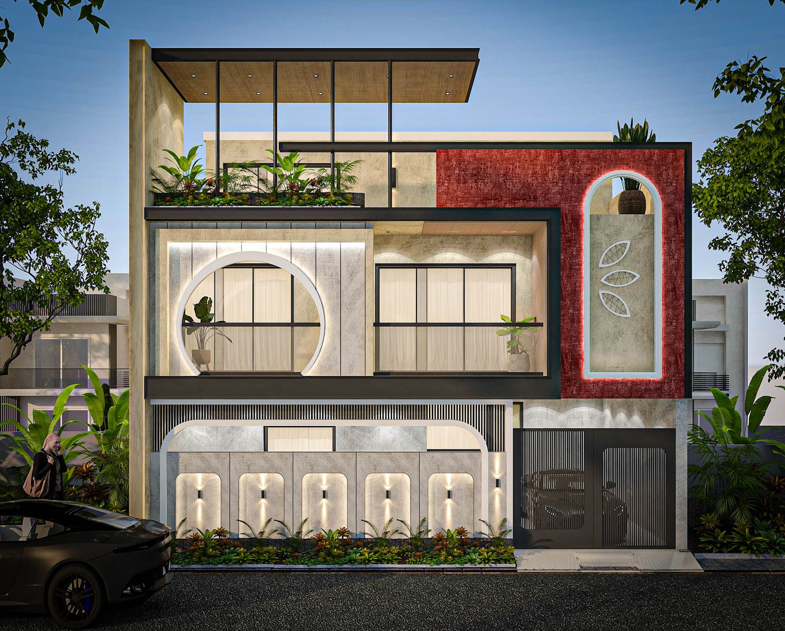 Modern house architecture design featuring a bold red accent facade, large arched windows, rooftop pergola, landscaped balconies, contemporary gate and exterior lighting by Amartya Architects, Delhi NCR.