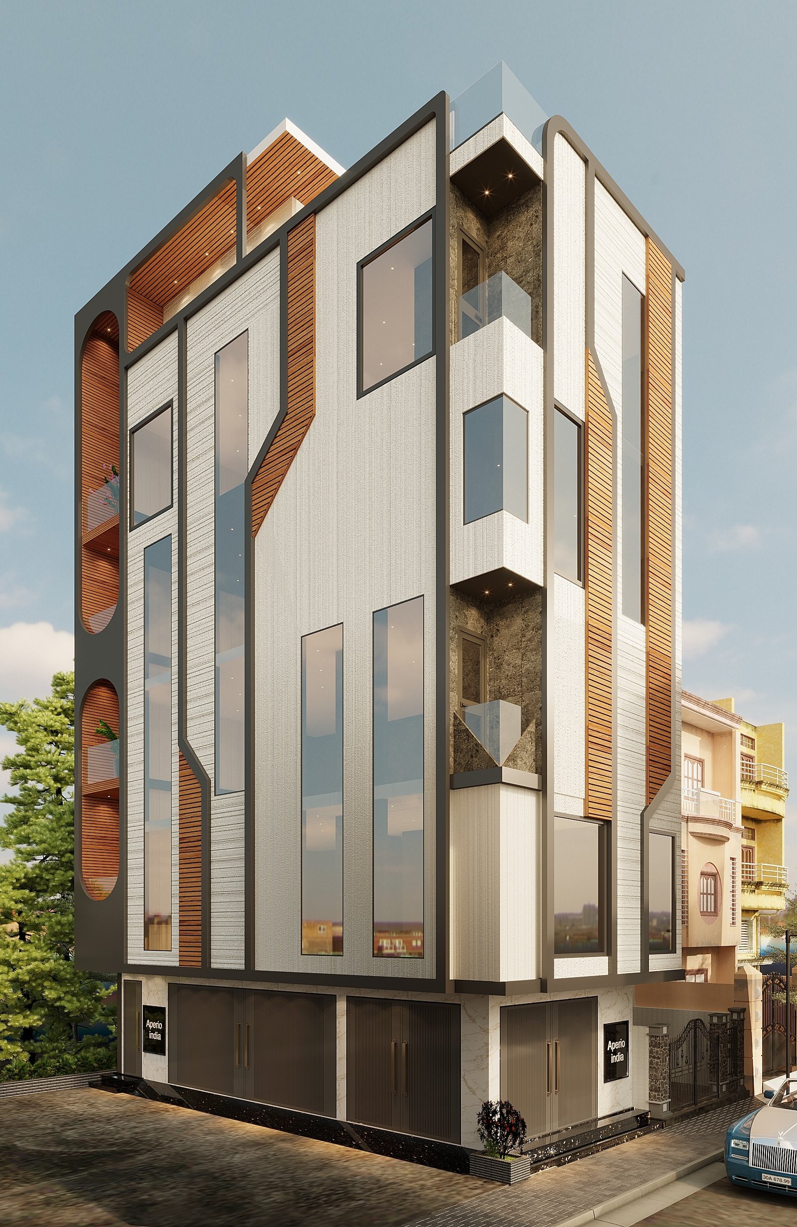 Modern multi-storey building architecture featuring a slim corner facade, vertical windows, wood-look cladding, dark framing, glass balconies and contemporary elevation design by Amartya Architects, Delhi NCR.