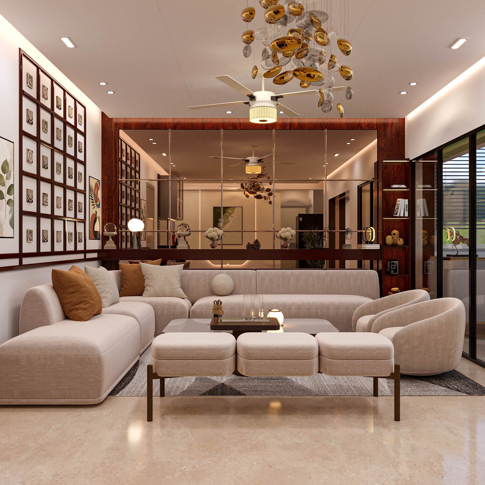 Modern luxury living room interior design with beige sectional sofa, designer chairs, mirrored feature wall, wooden accents, decorative lighting, and contemporary home décor.
