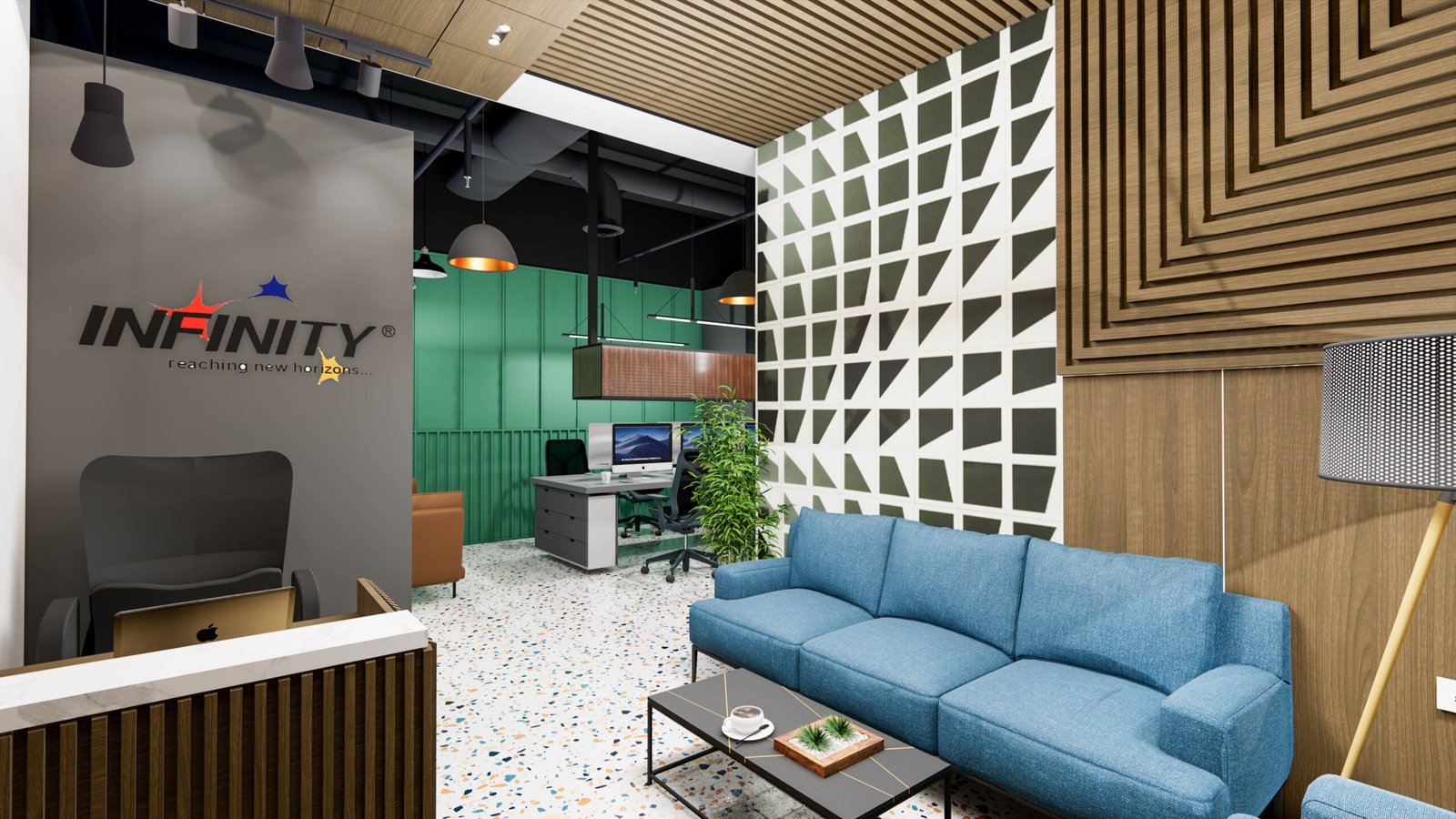 Modern office reception and waiting area with a blue sofa, wood-paneled feature wall, geometric partition, terrazzo flooring, green accent workspace, pendant lighting, and a branded Infinity reception desk.